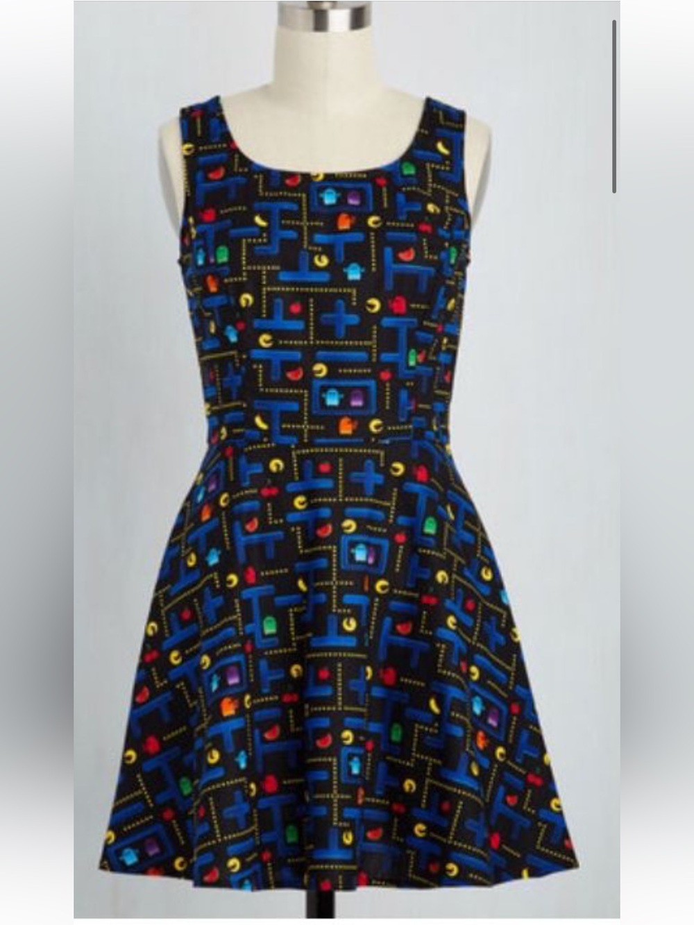 Pac-Man Retro Arcade Fit-and-Flare Sleeveless Dress, EUC! Modcloth/Retrolicious